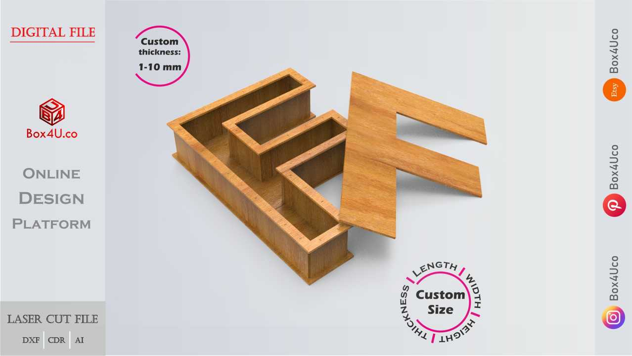 Online designn and make wooden Letter F Box laser cut dxf cut file | Box4U