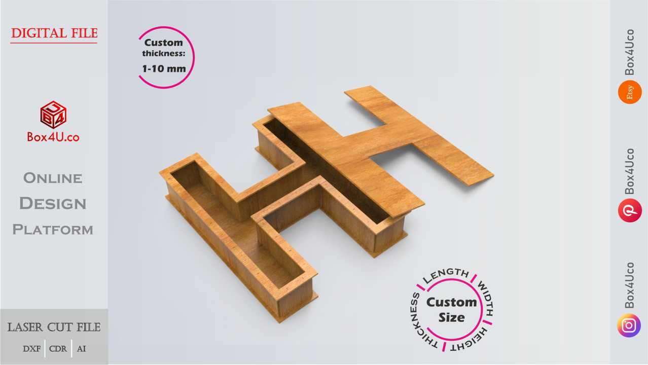 Online designn and make wooden Letter H Box laser cut dxf cut file | Box4U