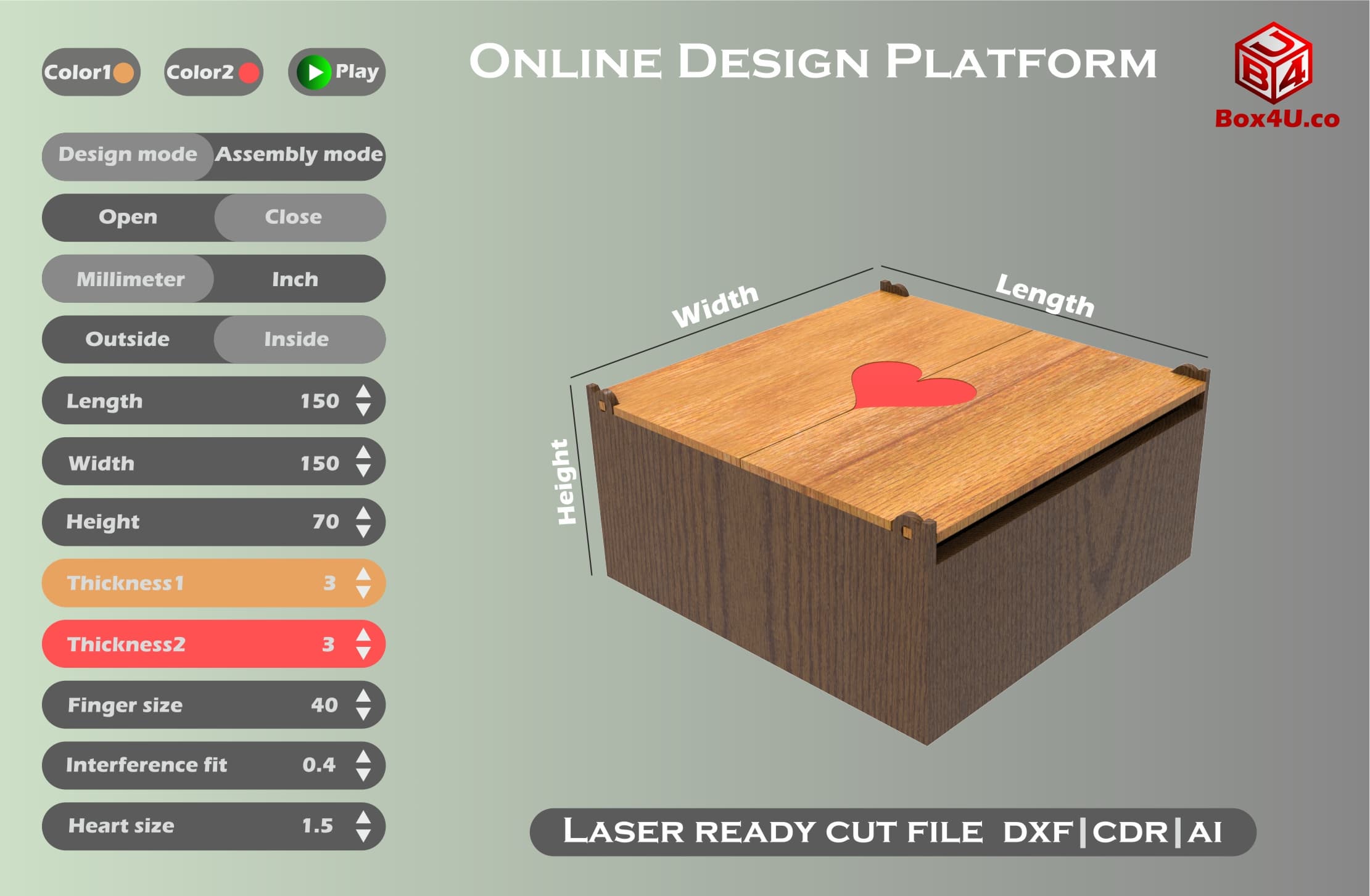 online design software (web application) to make custom size box with laser cut machine (cuf file: DXF|CDR|AI) by Box4U