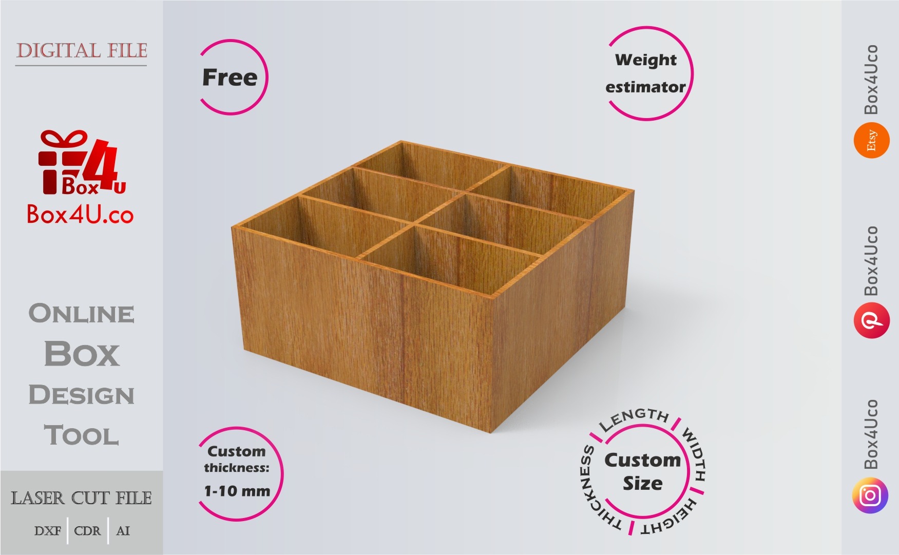 free online design tool for divider box | custom size laser cut file DXF, AI, CDR | Box4U