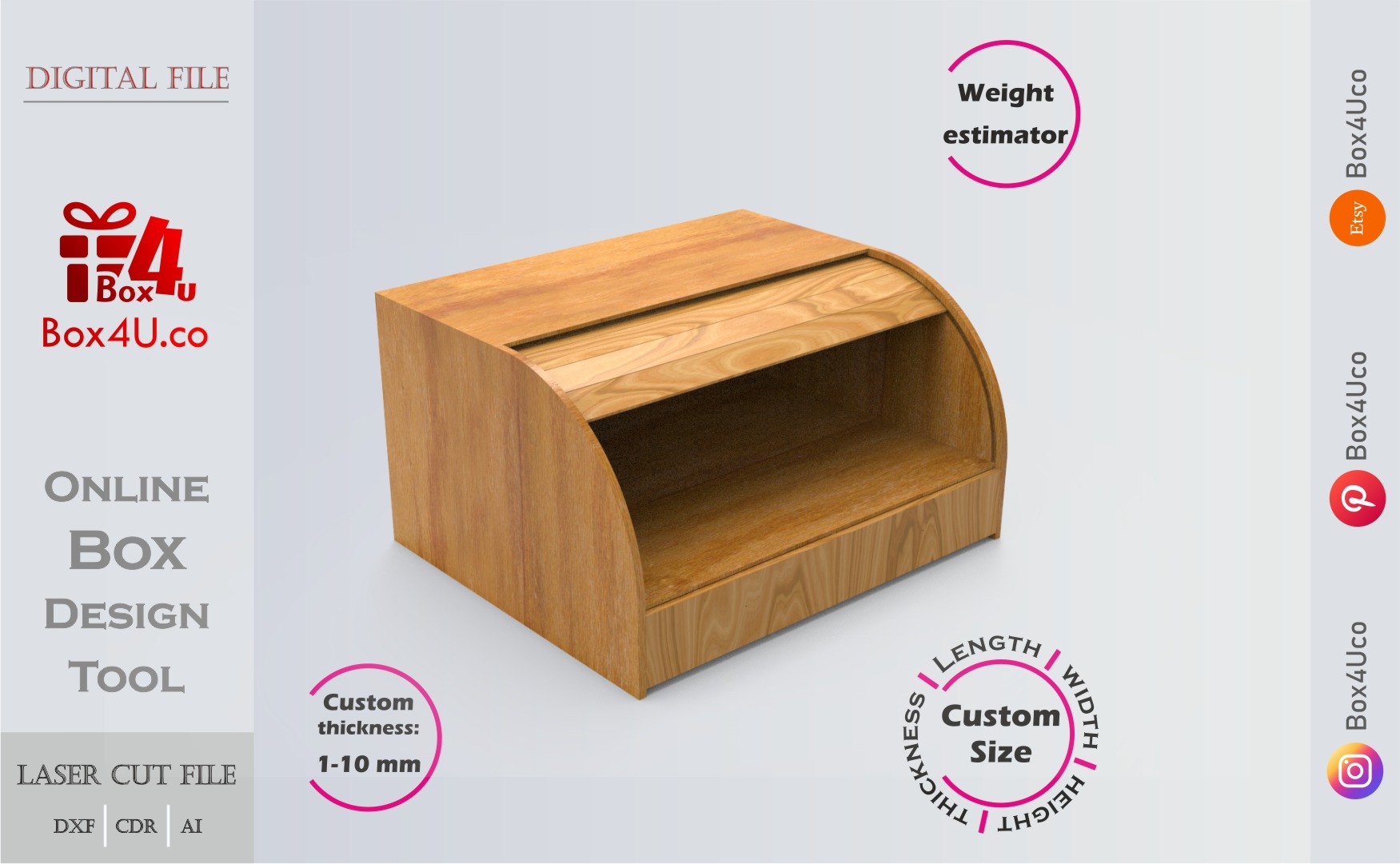 wooden bread box design online | custom size laser cut file DXF, AI, CDR | Box4U