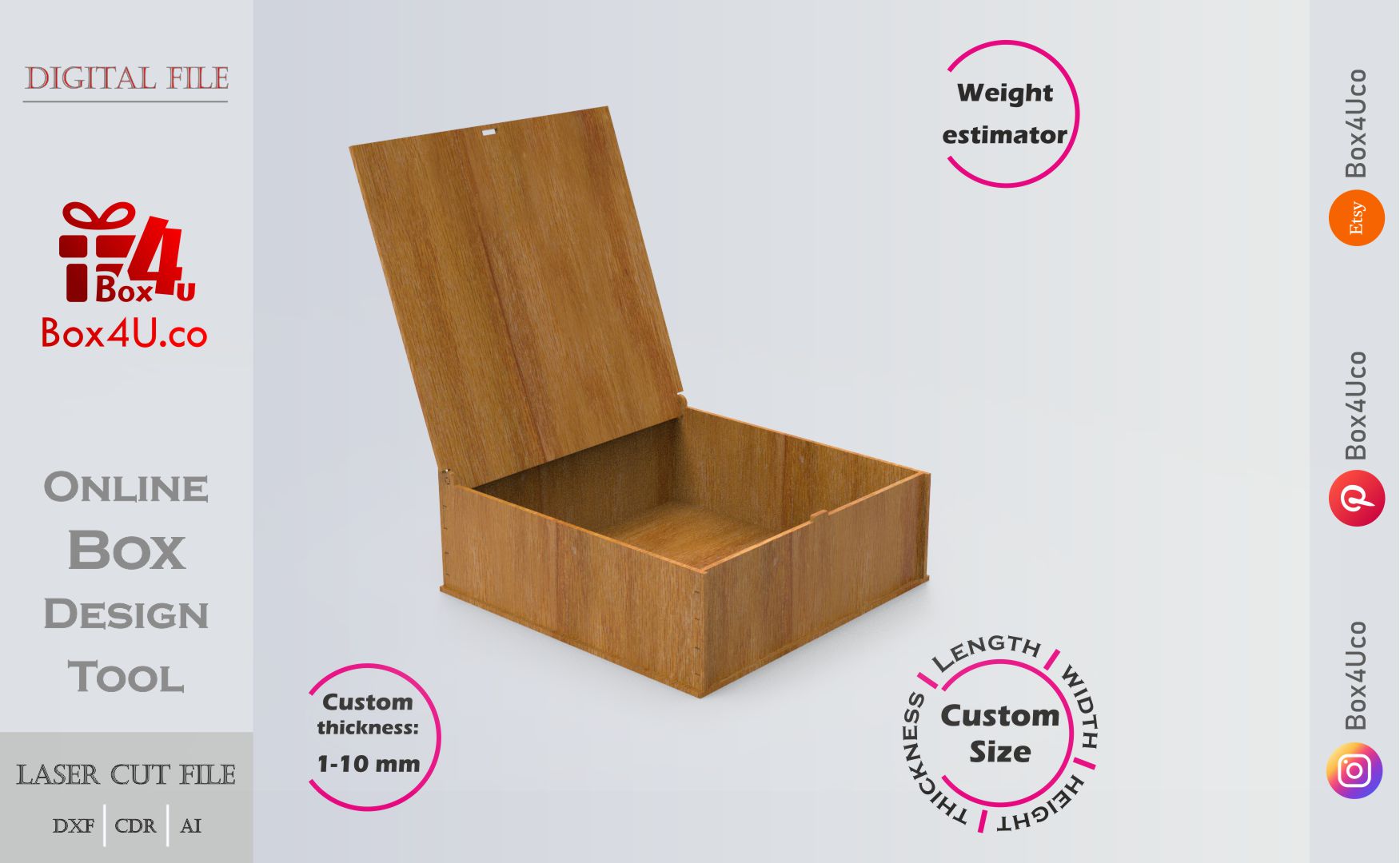 Online design tool for simple solo door box | custom size and thickness laser cut file DXF, AI, CDR | Box4U