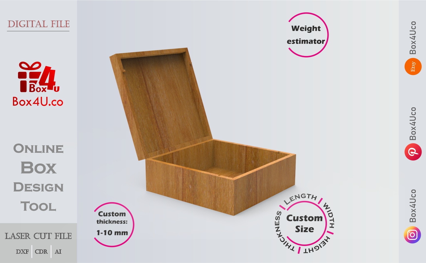 Online design tool for Treasure Box | custom dimension laser cut file DXF, AI, CDR | Box4U