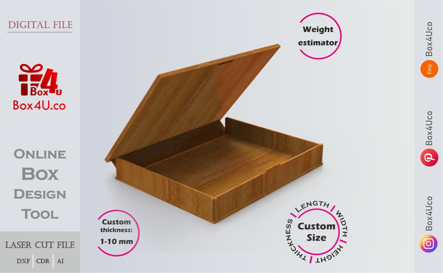 Online design tool for Gift Box | custom dimension laser cut file DXF, AI, CDR | Box4U