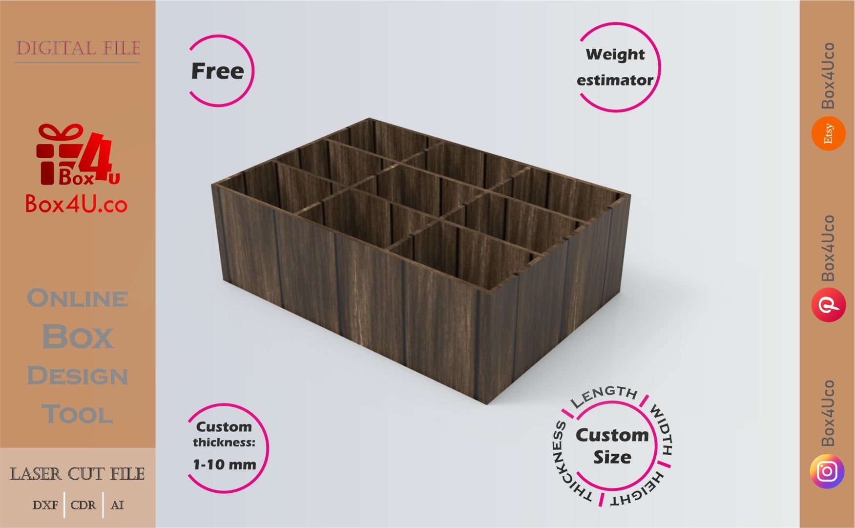 how to download a walnut divider box using Box4U online design tool | free DXF maker for laser cutting