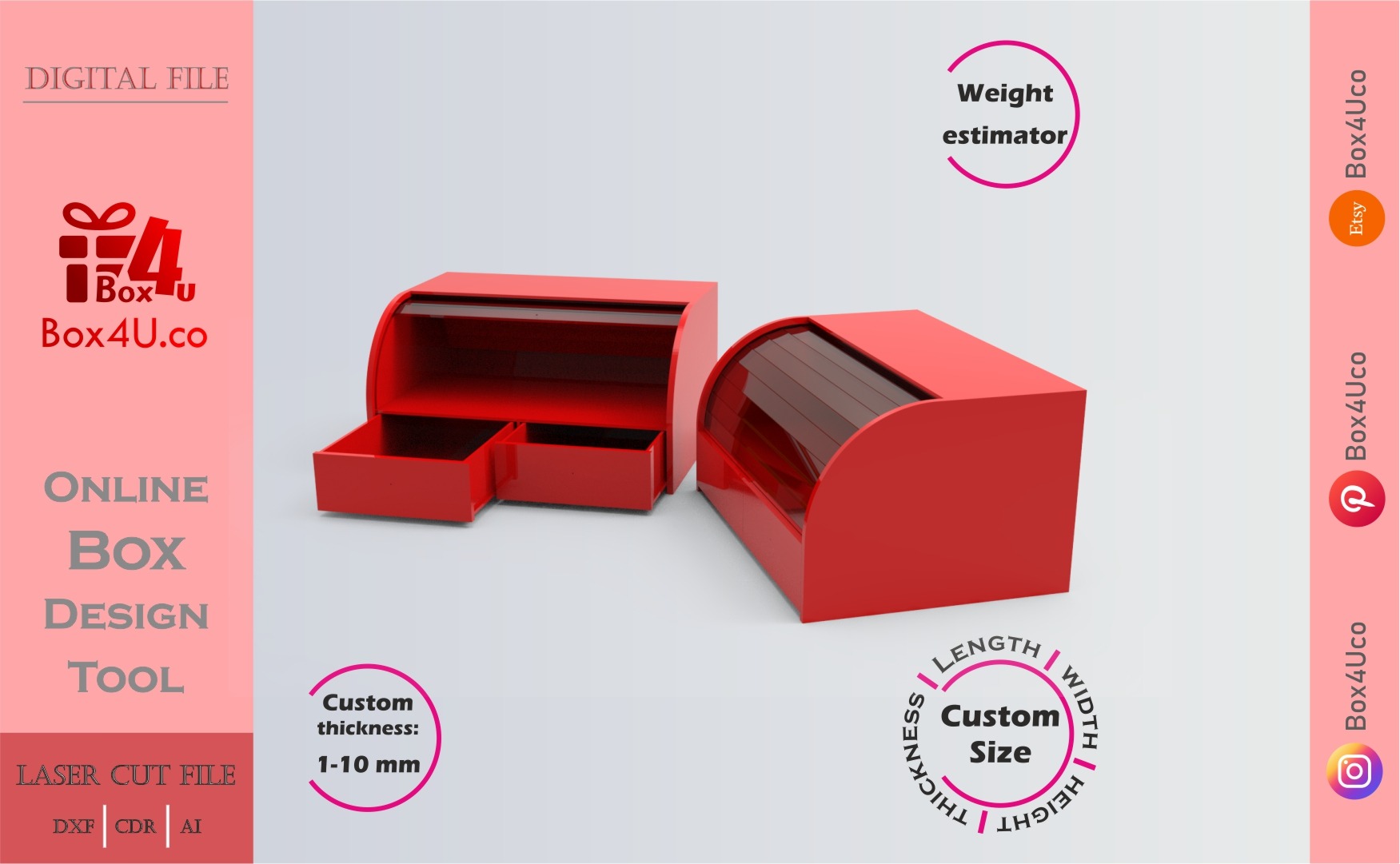 Red acrylic bread box design online | custom dimension laser cut file DXF, AI, CDR | Box4U