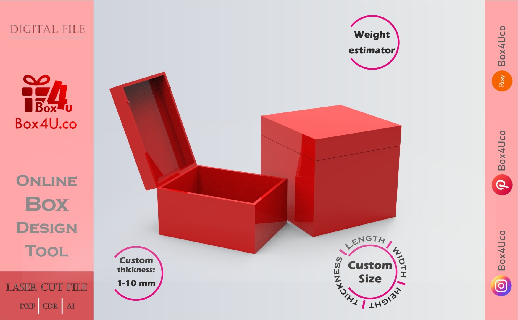 how to make a red acrylic treasure box using Box4U online design tool |DXF generator for laser cutting