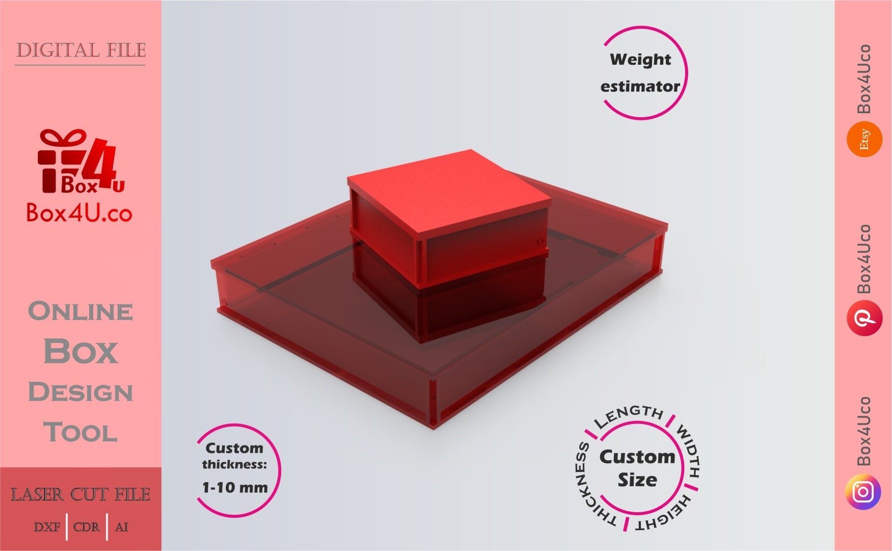 how to make a red acrylic gift box using Box4U online design tool | DXF generator for laser cutting