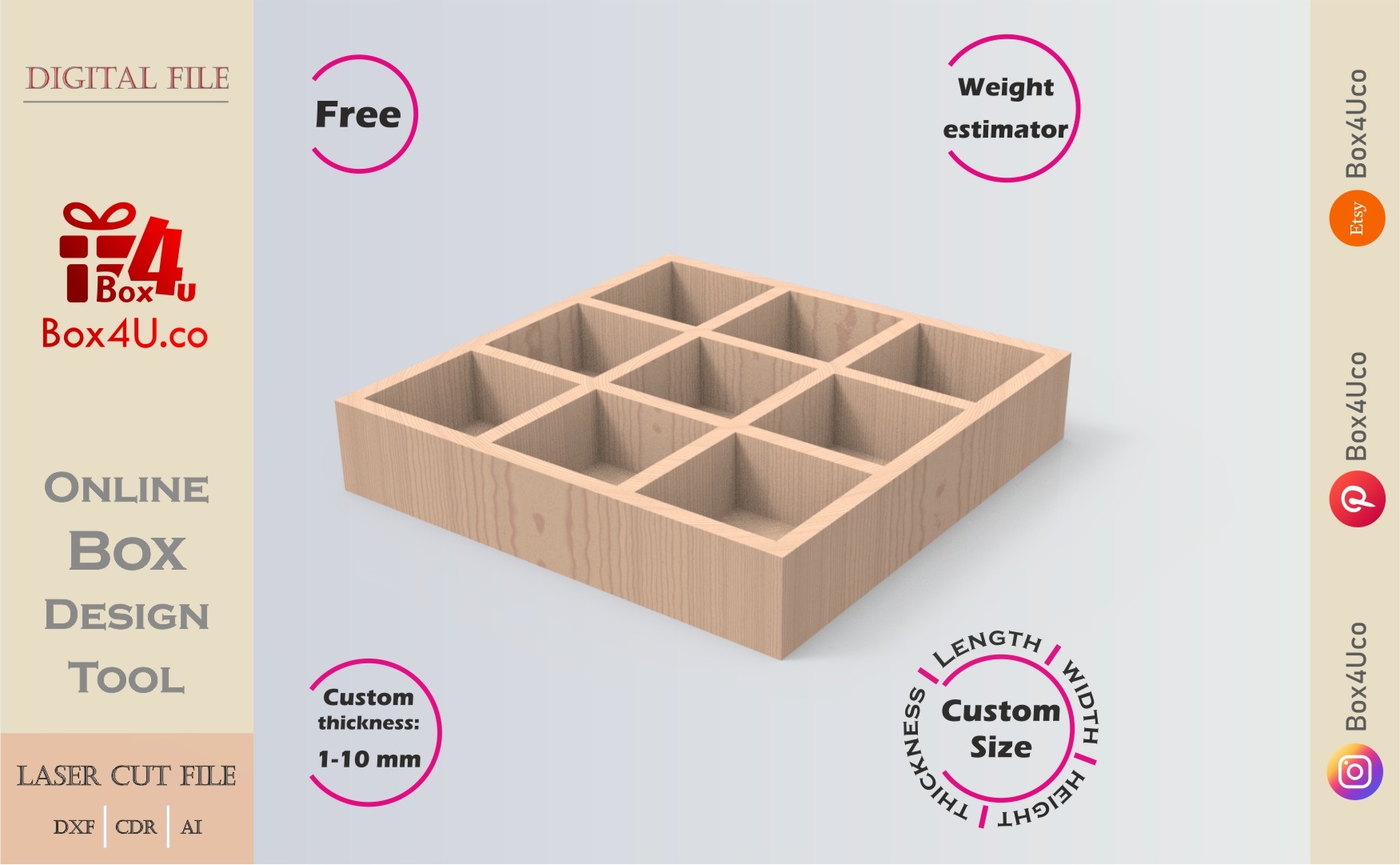 free download cut file for a white wooden divider box using Box4U online design tool | DXF generator for laser cutting