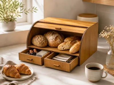 Open wooden bread box design with drawer and laser-cut structure