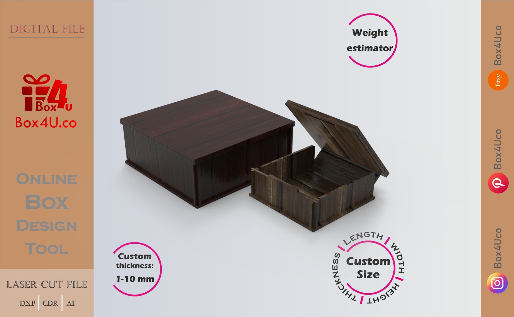 how to download a walnut gift box using Box4U online design tool | free DXF maker for laser cutting