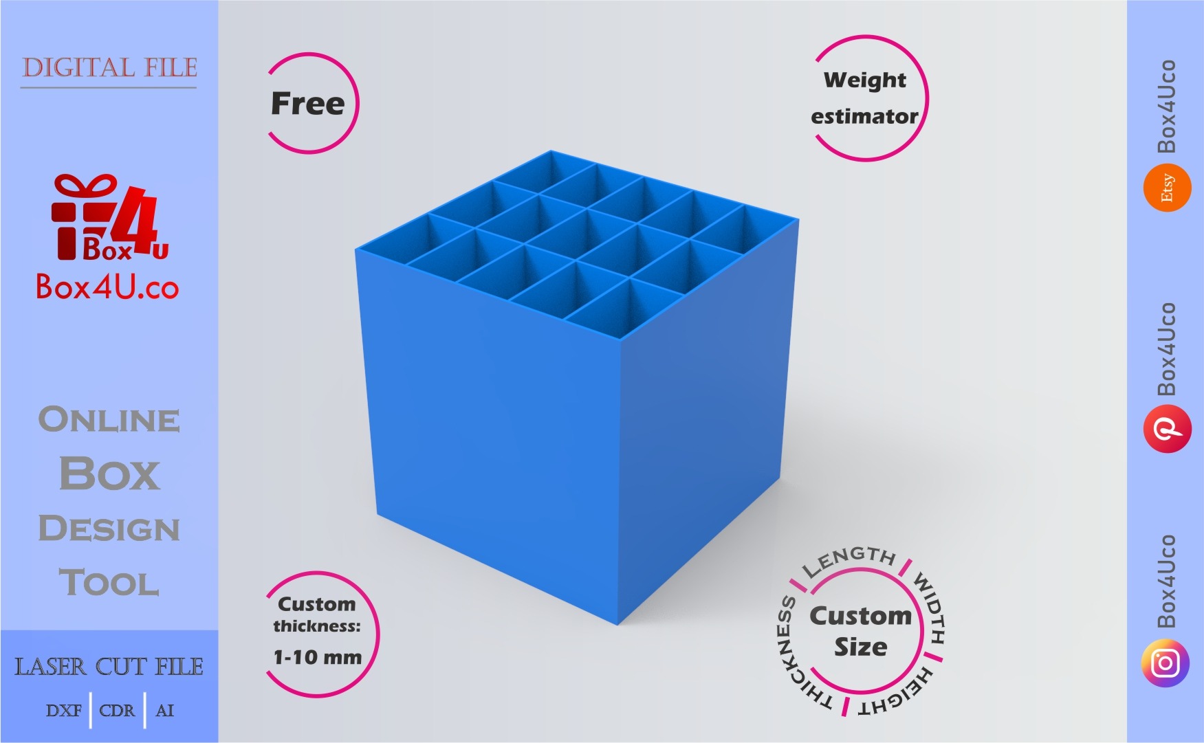 how to download and make a blue acrylic divider box using Box4U online design tool | free DXF maker for laser cutting