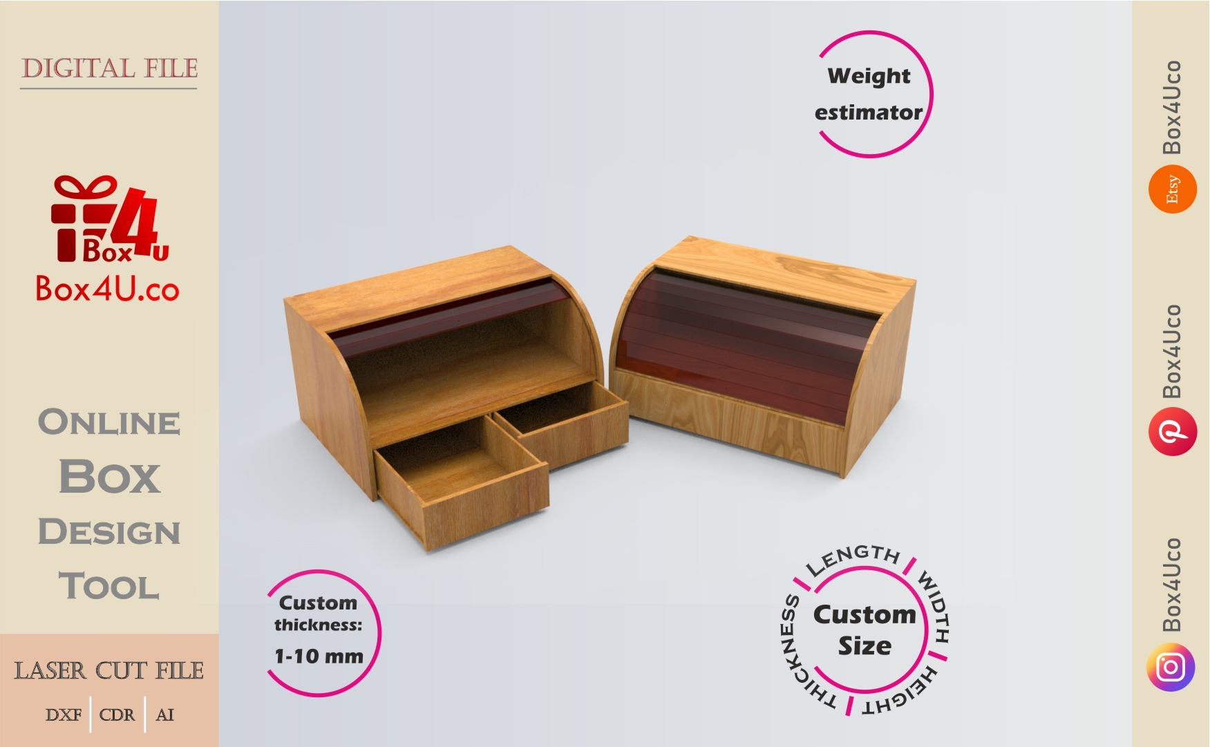 walnut made bread box design online | custom size laser cut file DXF, AI, CDR | Box4U