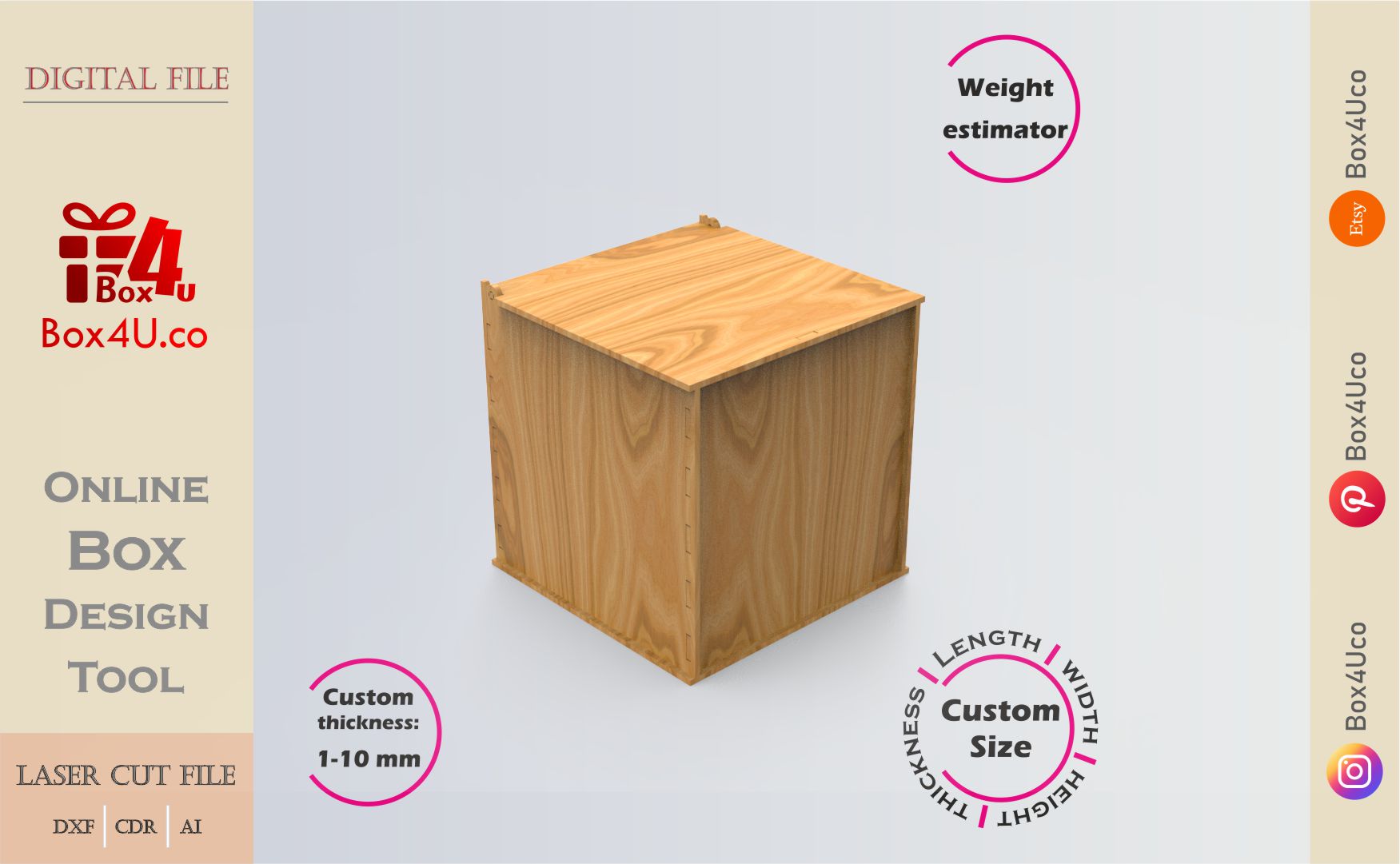 Download cut file for a wooden simple solo door box using Box4U online design tool | DXF generator for laser cutting