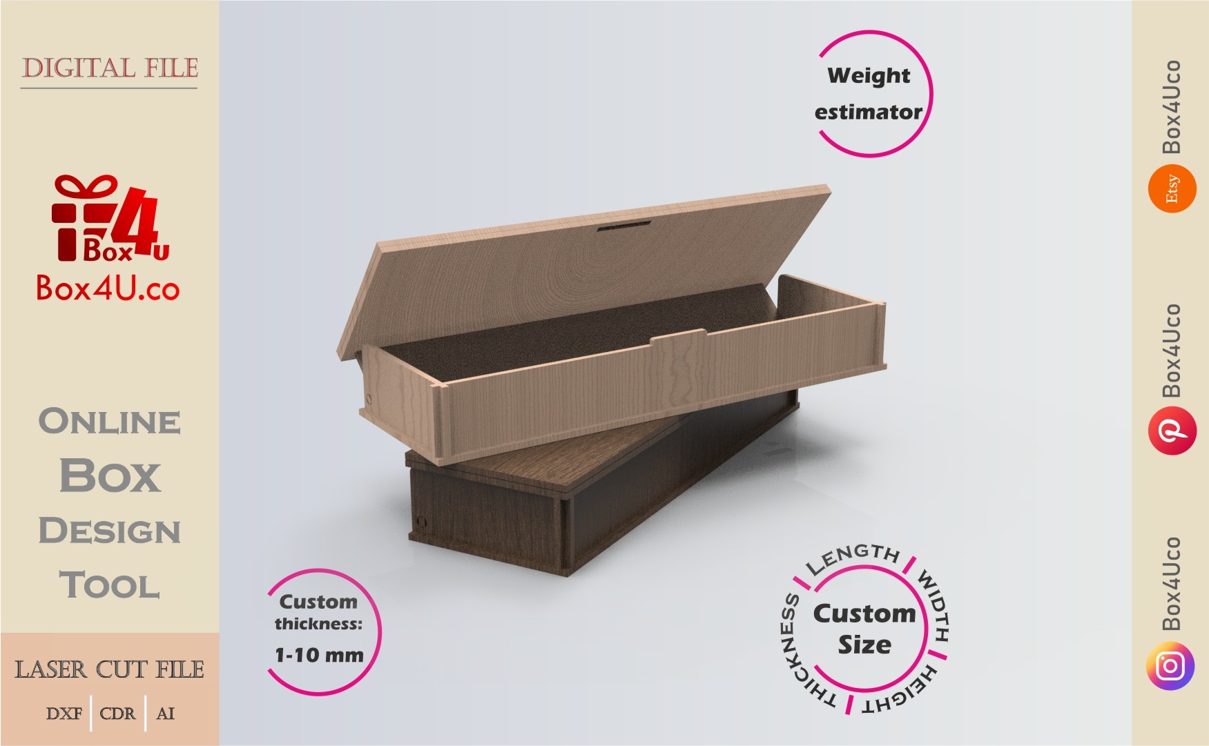Download cut file for a wooden gift box using Box4U online design tool | DXF generator for laser cutting