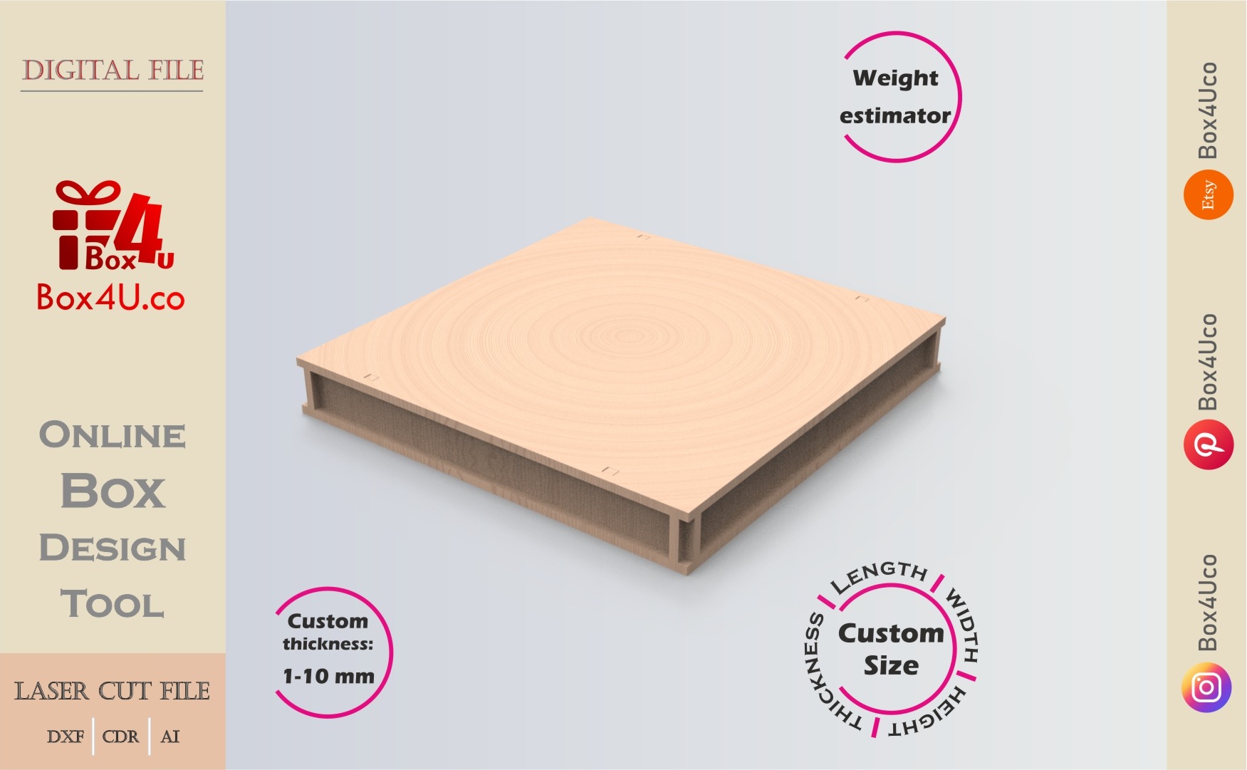 Download cut file for a wooden packing box using Box4U online design tool | DXF generator for laser cutting