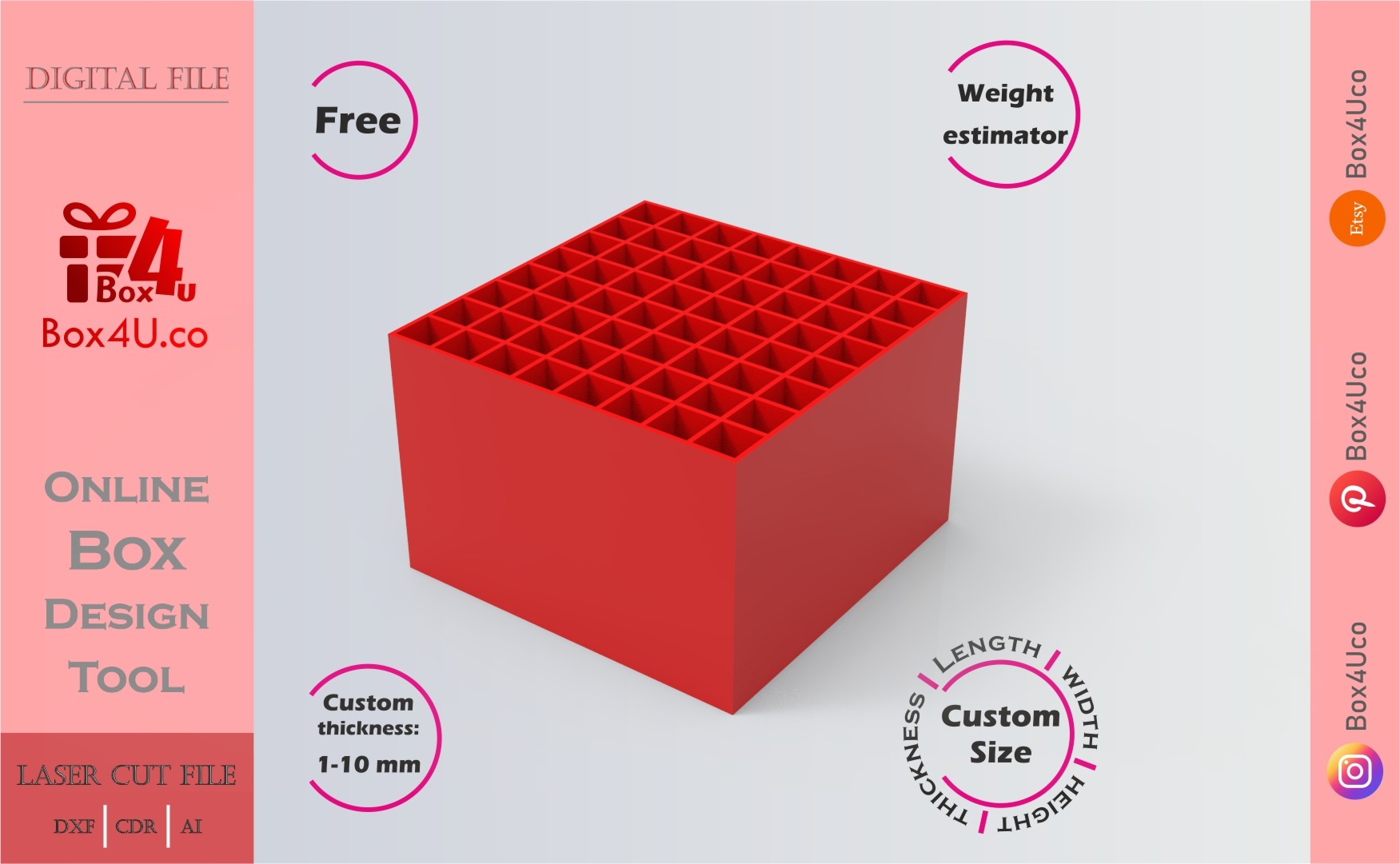 how to make a red acrylic divider box using Box4U online design tool | free download DXF generator for laser cutting