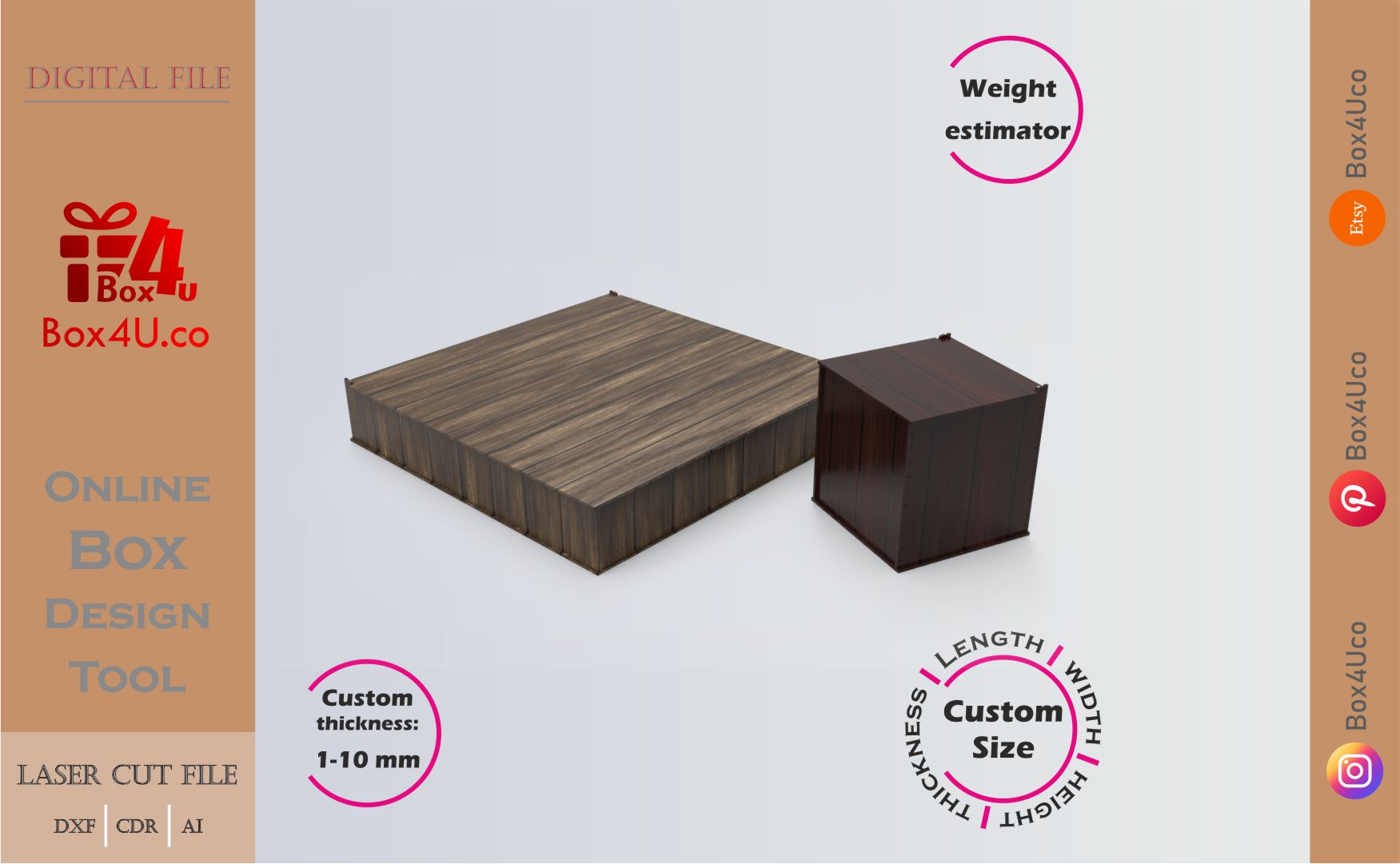 how to download a walnut simple solo door box using Box4U online design tool | free DXF maker for laser cutting