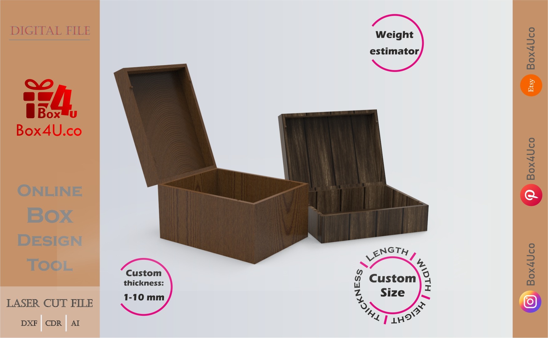 how to download a walnut treasure box using Box4U online design tool |DXF maker for laser cutting