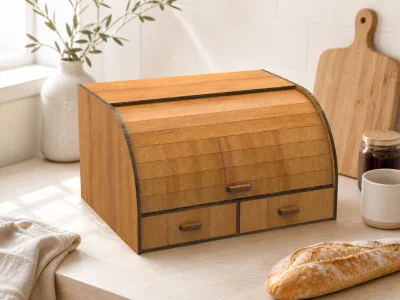 Closed wooden bread box laser cut design for kitchen storage
