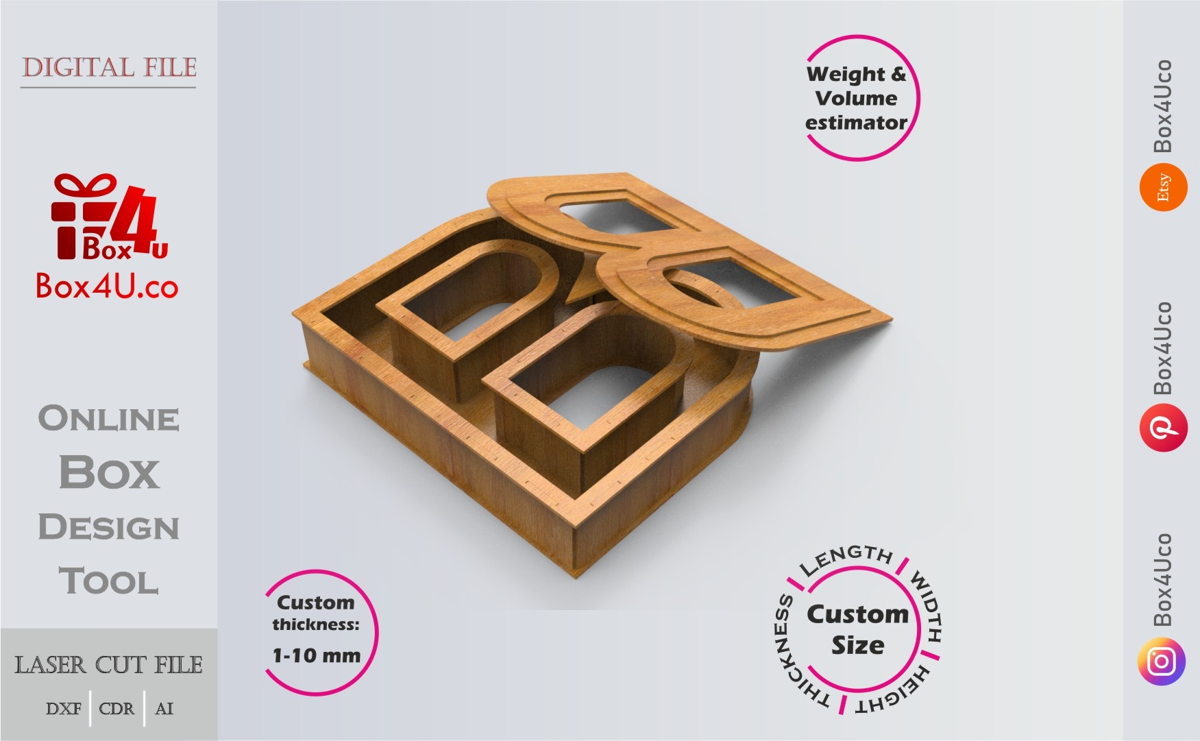 Letter B Box | wooden | Online design tool for letter boxes | custom size laser cut file DXF, AI, CDR | Box4U