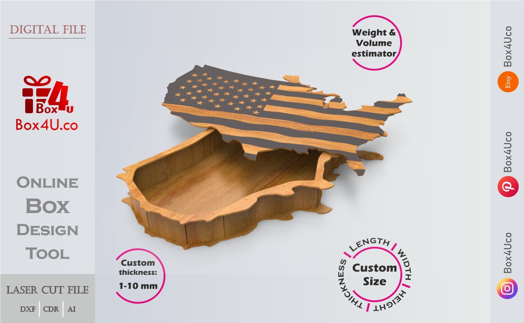 USA map Box | wooden | Online design tool for map boxes | custom size laser cut file DXF, AI, CDR | Box4U