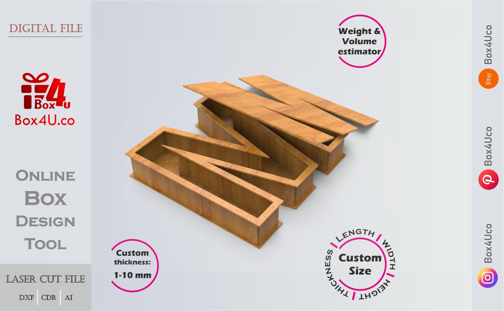 Letter M Box | wooden | Online design tool for letter boxes | custom size laser cut file DXF, AI, CDR | Box4U
