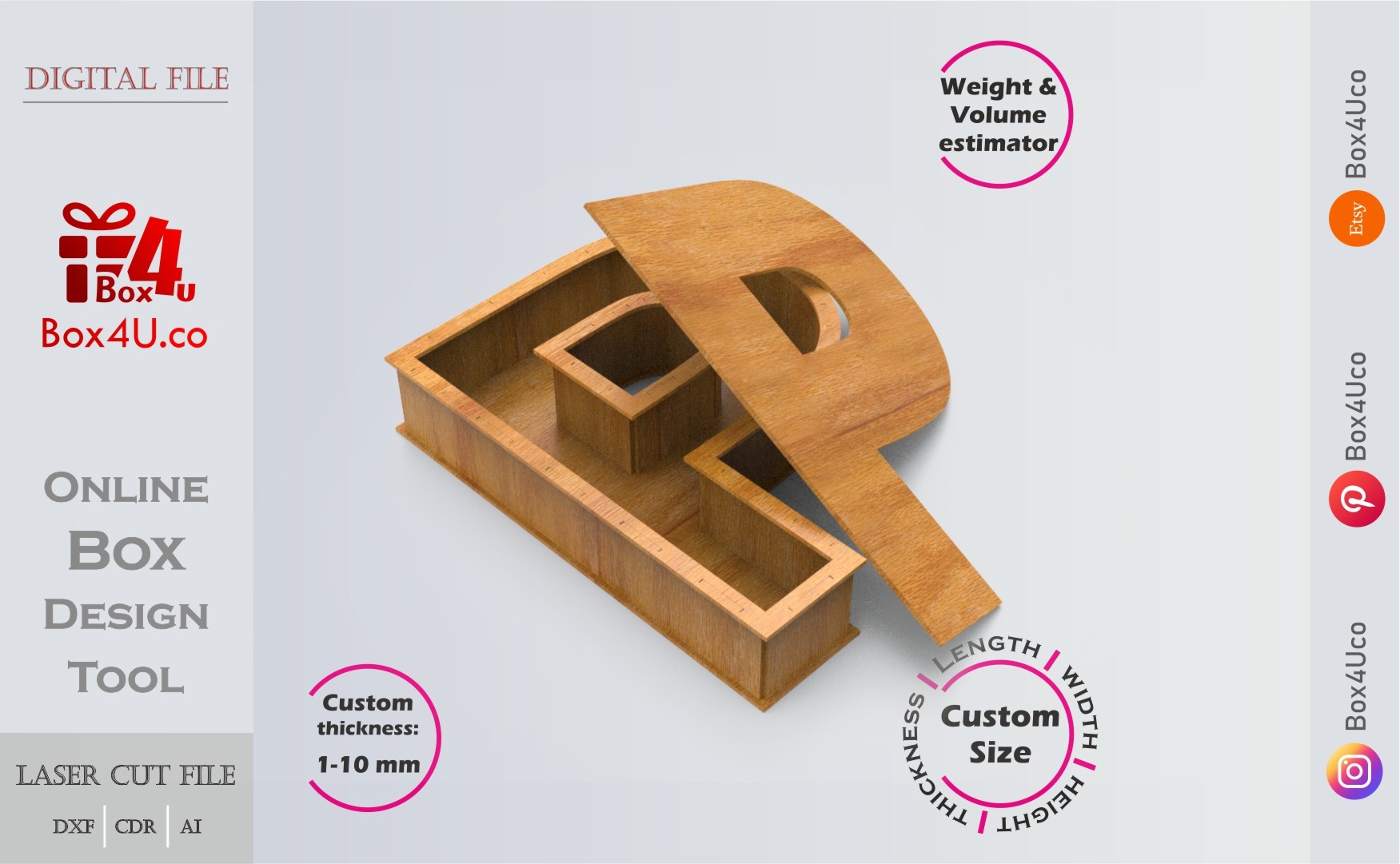 Letter P Box | wooden | Online design tool for letter boxes | custom size laser cut file DXF, AI, CDR | Box4U
