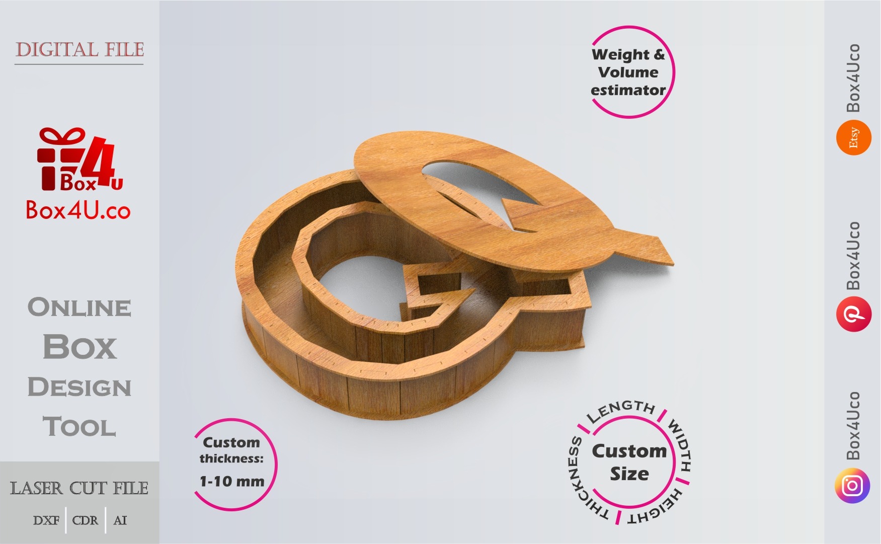 Letter Q Box | wooden | Online design tool for letter boxes | custom size laser cut file DXF, AI, CDR | Box4U