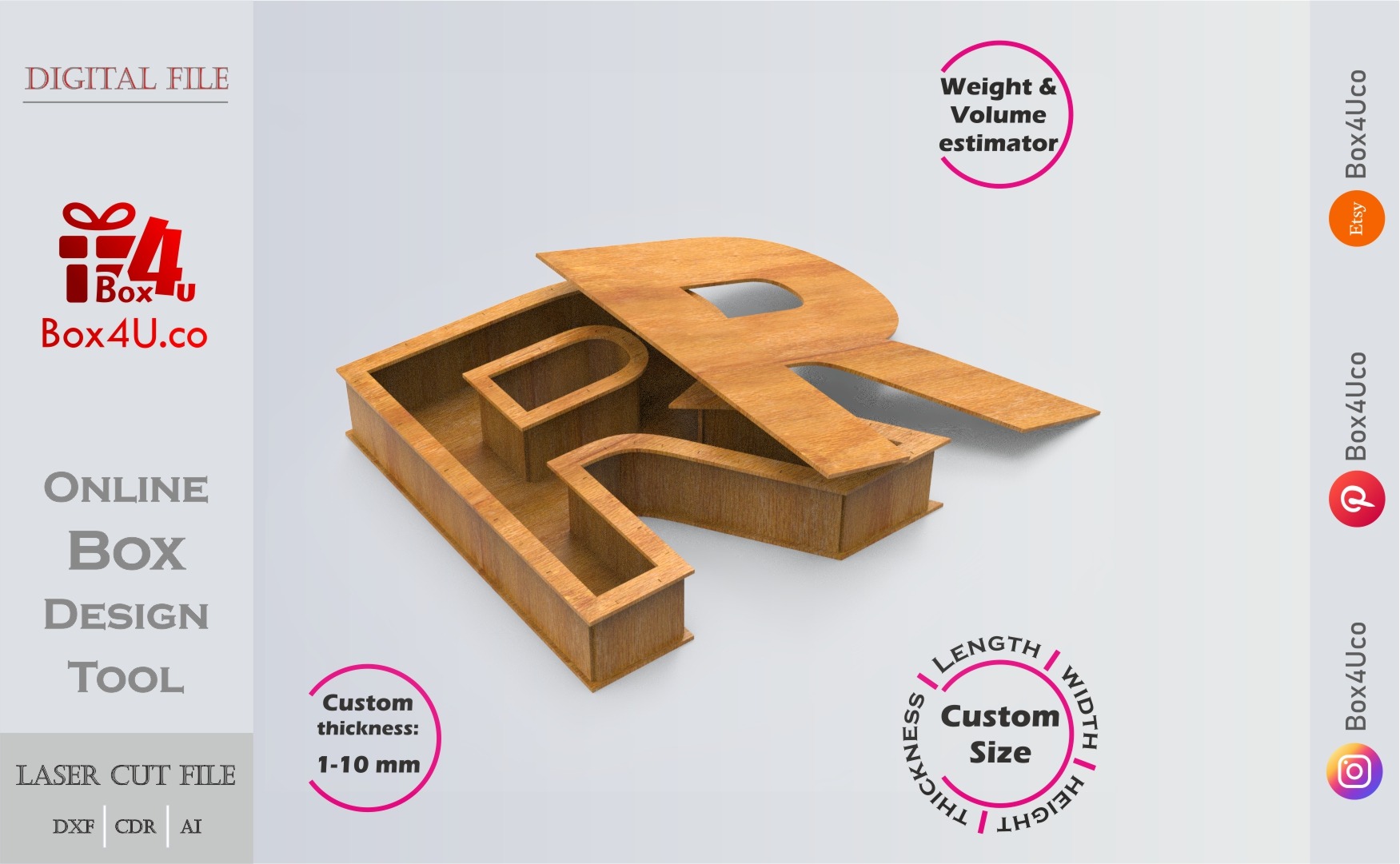 Letter R Box | wooden | Online design tool for letter boxes | custom size laser cut file DXF, AI, CDR | Box4U