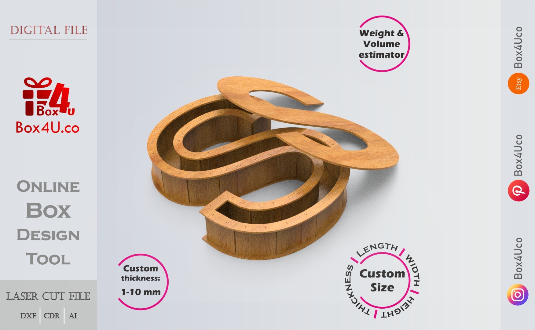 Letter S Box | wooden | Online design tool for letter boxes | custom size laser cut file DXF, AI, CDR | Box4U