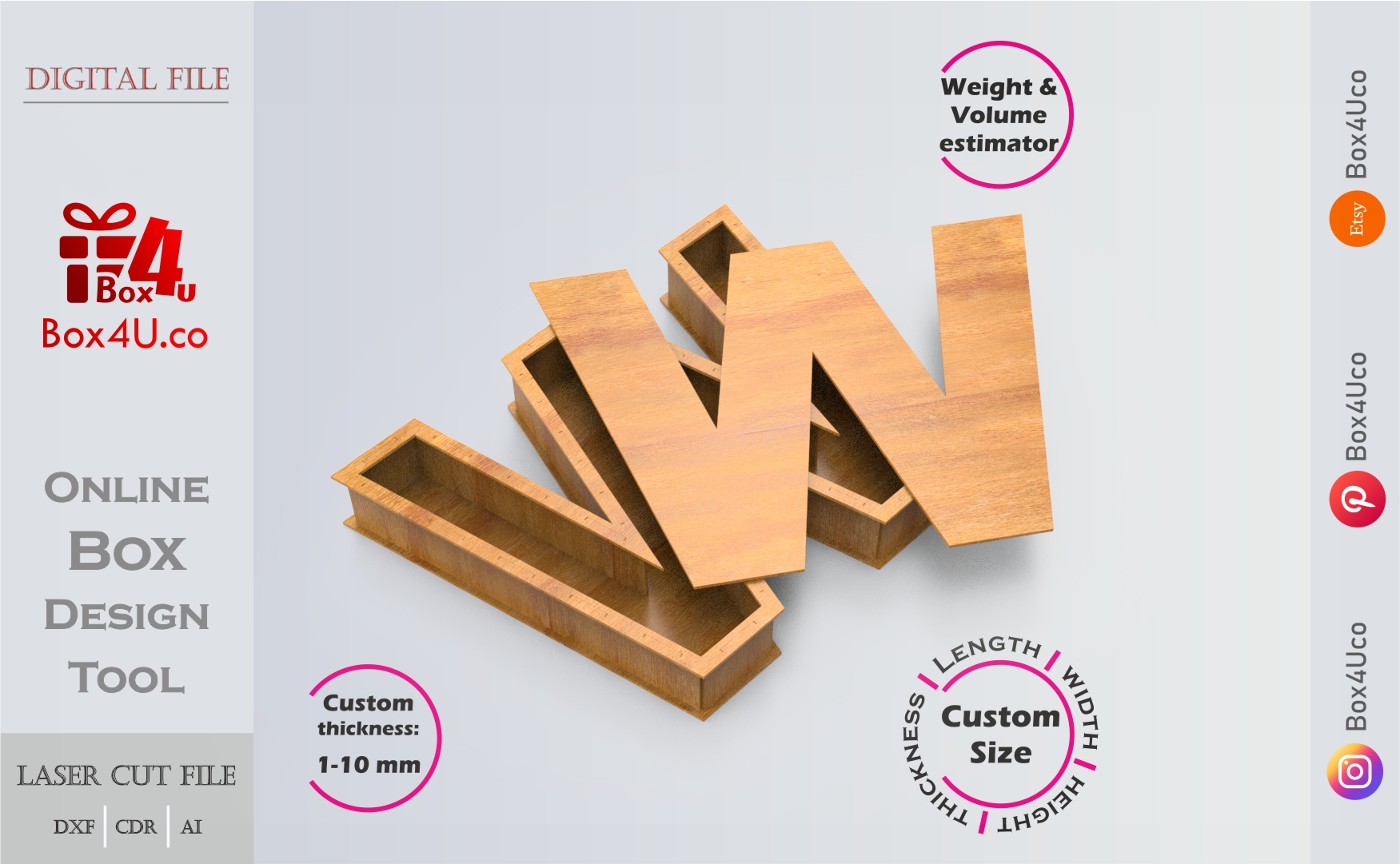 Letter W Box | wooden | Online design tool for letter boxes | custom size laser cut file DXF, AI, CDR | Box4U
