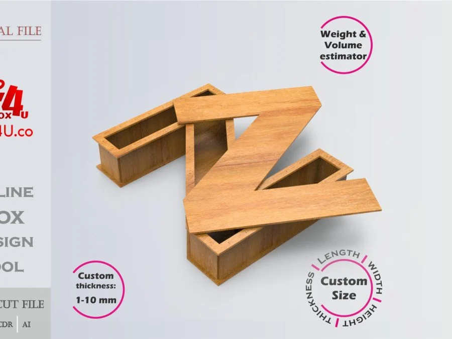 Letter Z Box | wooden | Online design tool for letter boxes | custom size laser cut file DXF, AI, CDR | Box4U