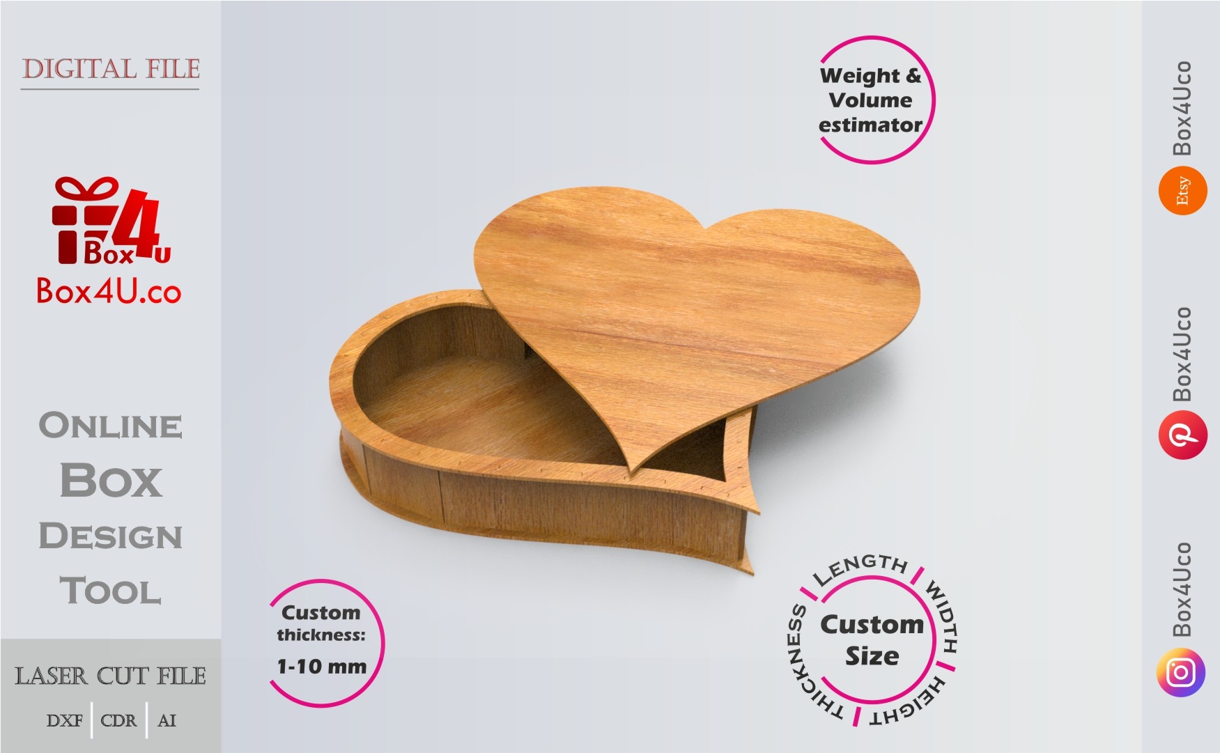 Heart Box | wooden | Online design tool for shape boxes | custom size laser cut file DXF, AI, CDR | Box4U