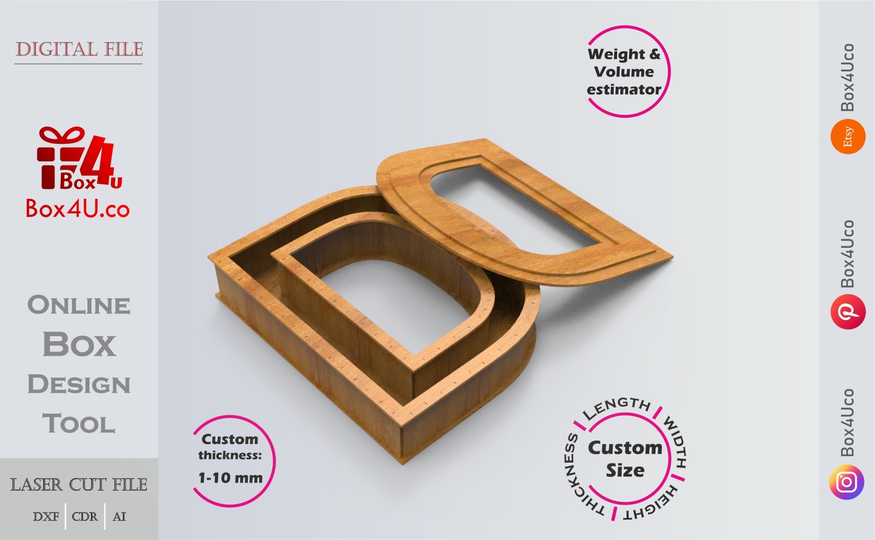 Letter D Box | wooden | Online design tool for letter boxes | custom size laser cut file DXF, AI, CDR | Box4U