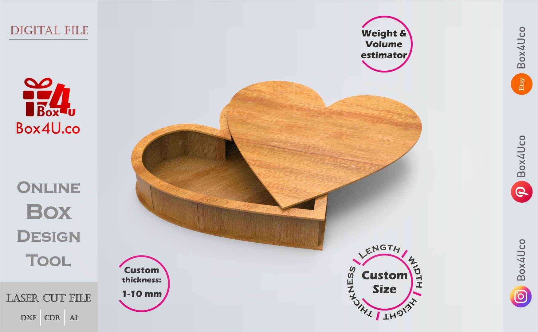 Heart Box (T2) | wooden | Online design tool for shape boxes | custom size laser cut file DXF, AI, CDR | Box4U