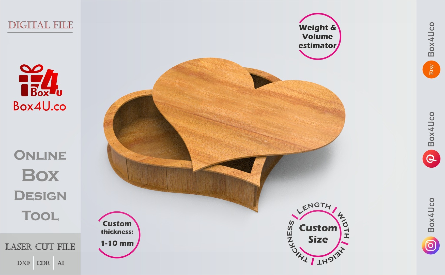 Heart Box (T3) | wooden | Online design tool for shape boxes | custom size laser cut file DXF, AI, CDR | Box4U