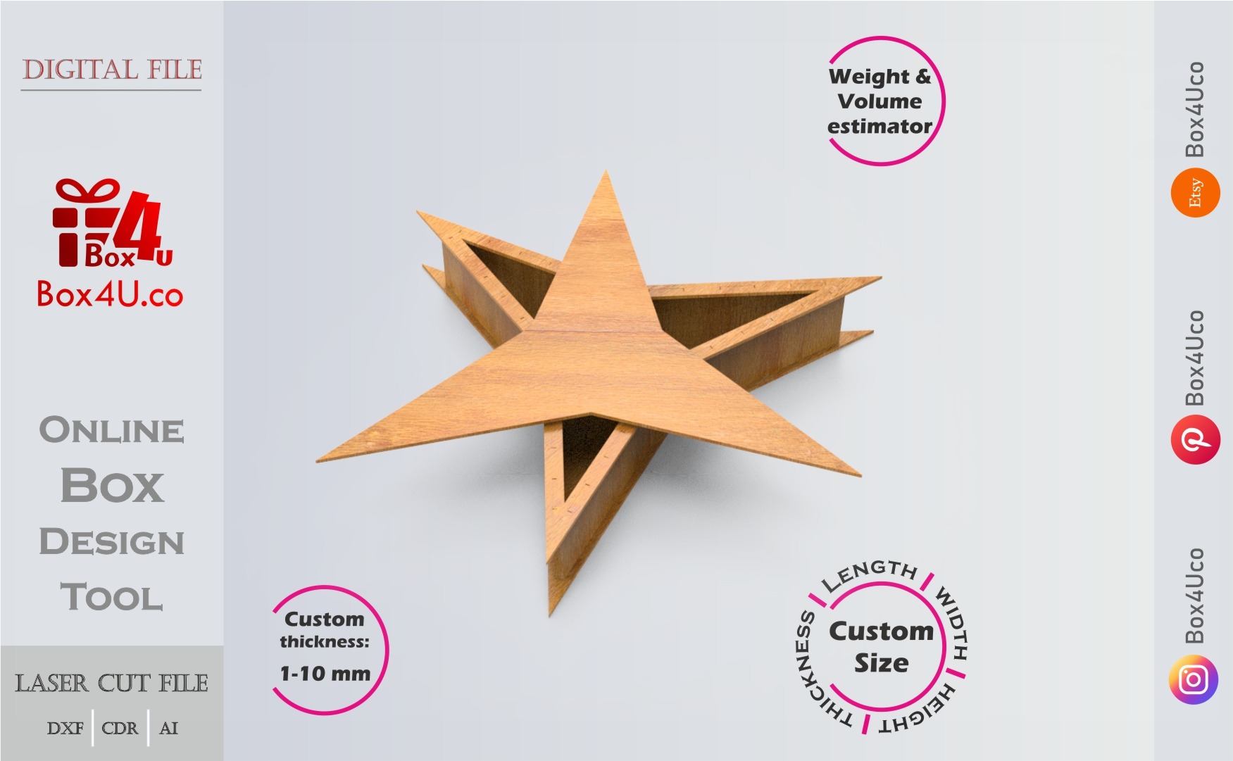 Three-Pointed Star Box | wooden | Online design tool for shape boxes | custom size laser cut file DXF, AI, CDR | Box4U