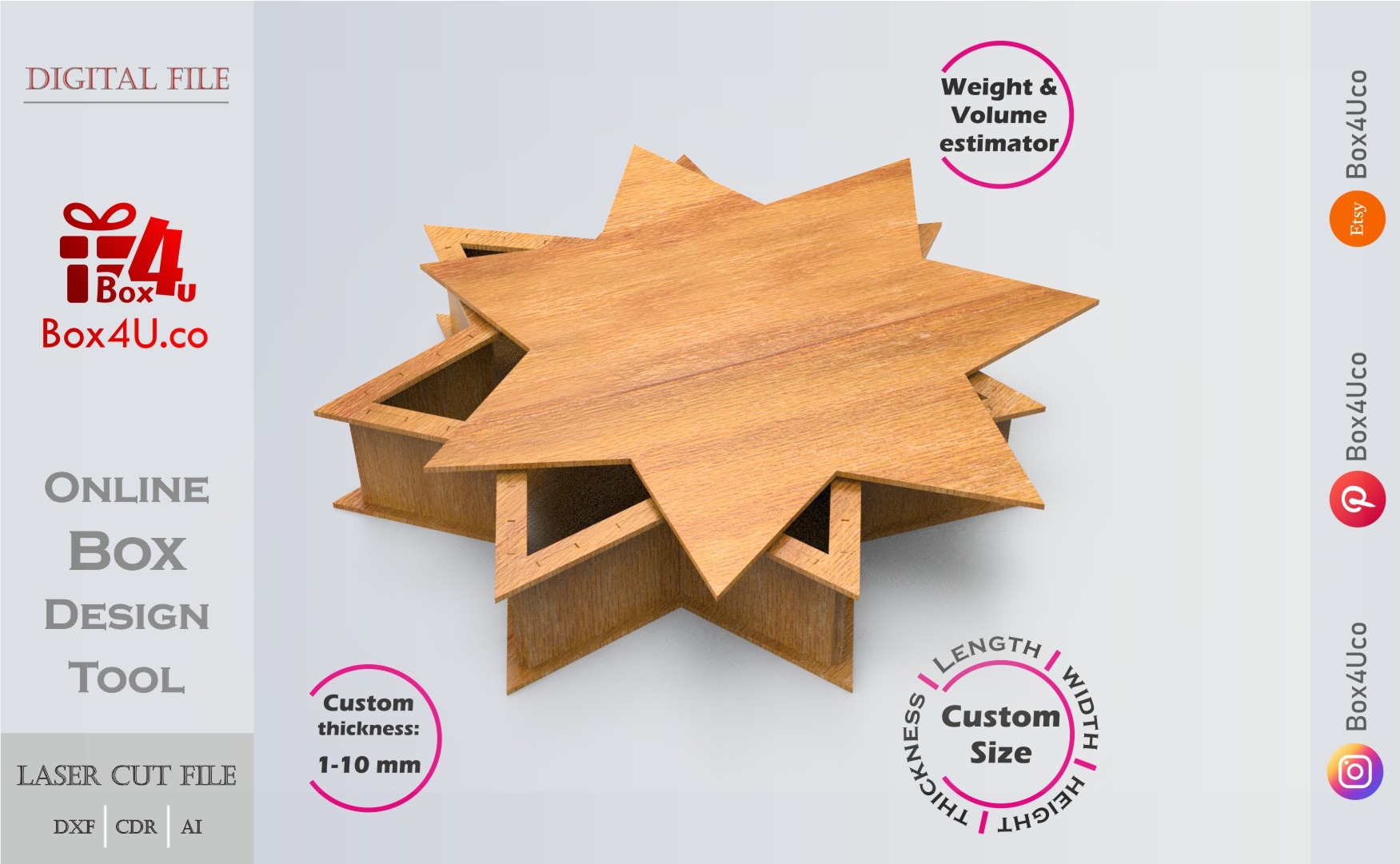 Seven-Pointed Star Box | wooden | Online design tool for shape boxes | custom size laser cut file DXF, AI, CDR | Box4U