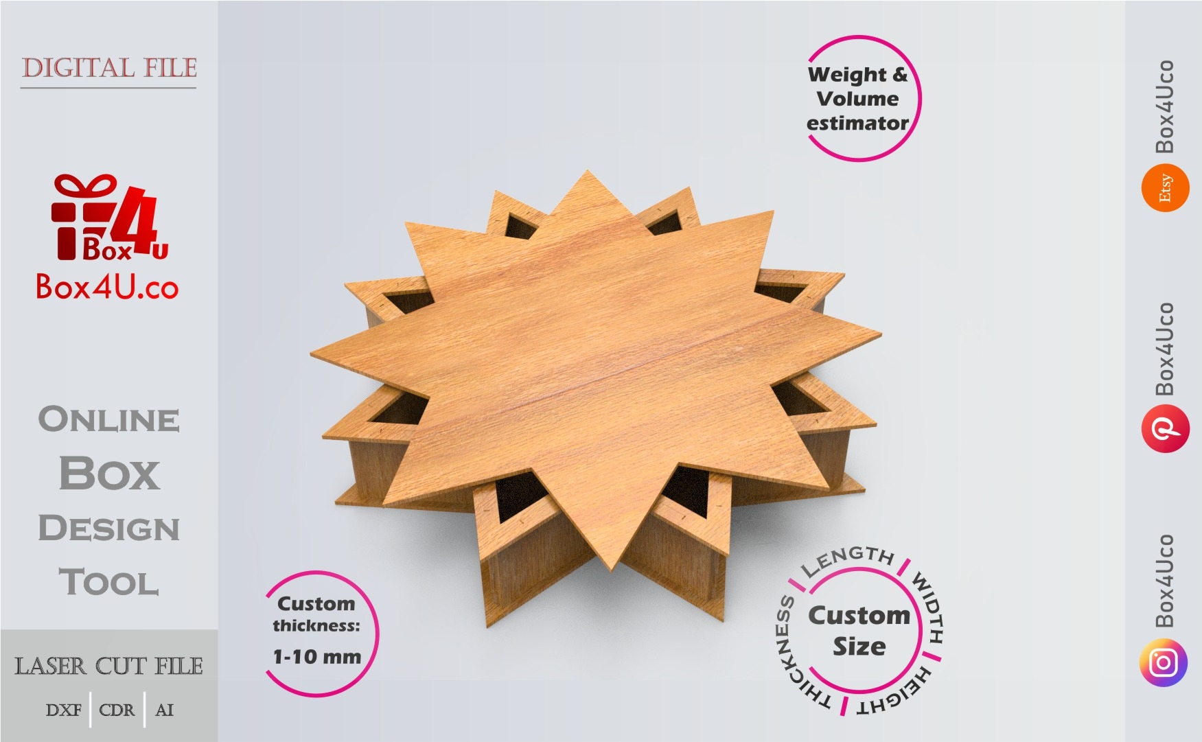 Eight-Pointed Star Box | wooden | Online design tool for shape boxes | custom size laser cut file DXF, AI, CDR | Box4U
