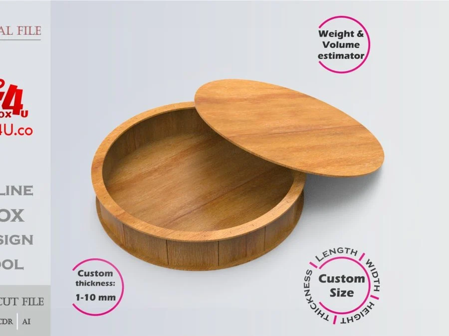 Circular Box | wooden | Online design tool for shape boxes | custom size laser cut file DXF, AI, CDR | Box4U