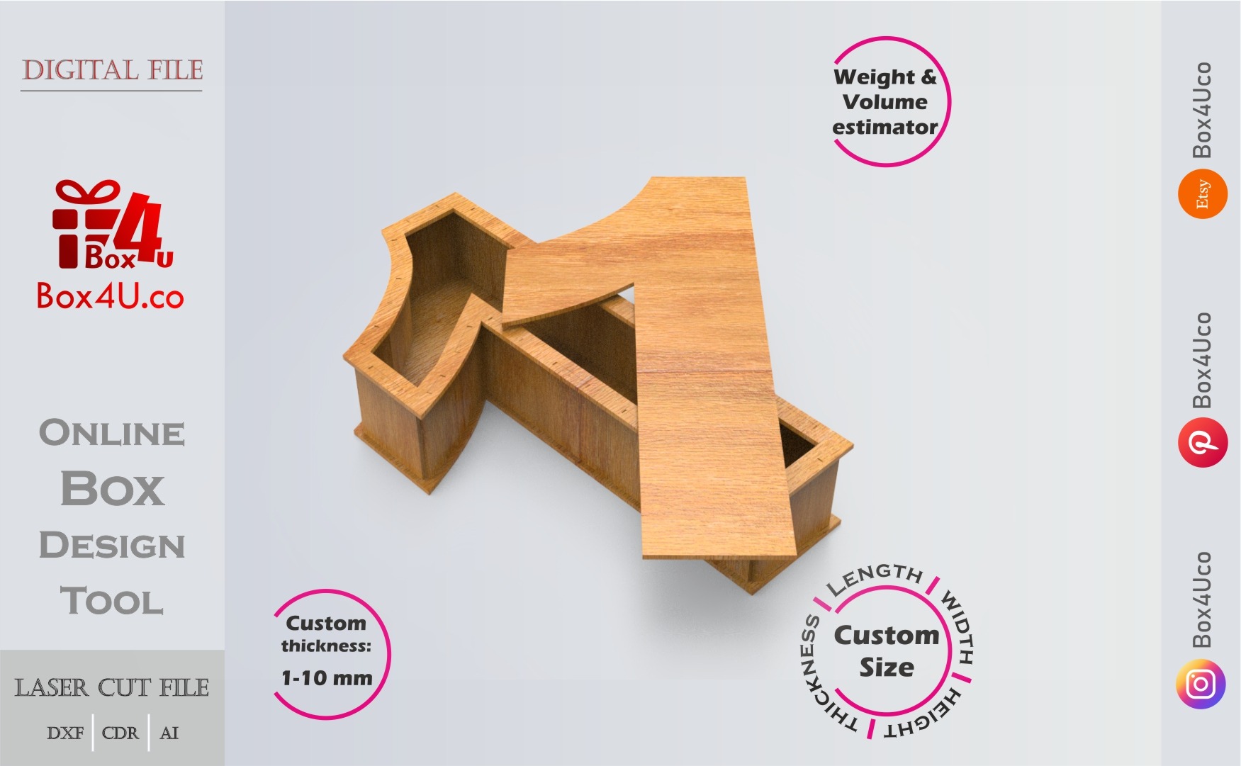 Number 1-shaped Box | wooden | Online design tool for number shape boxes | custom size laser cut file DXF, AI, CDR | Box4U