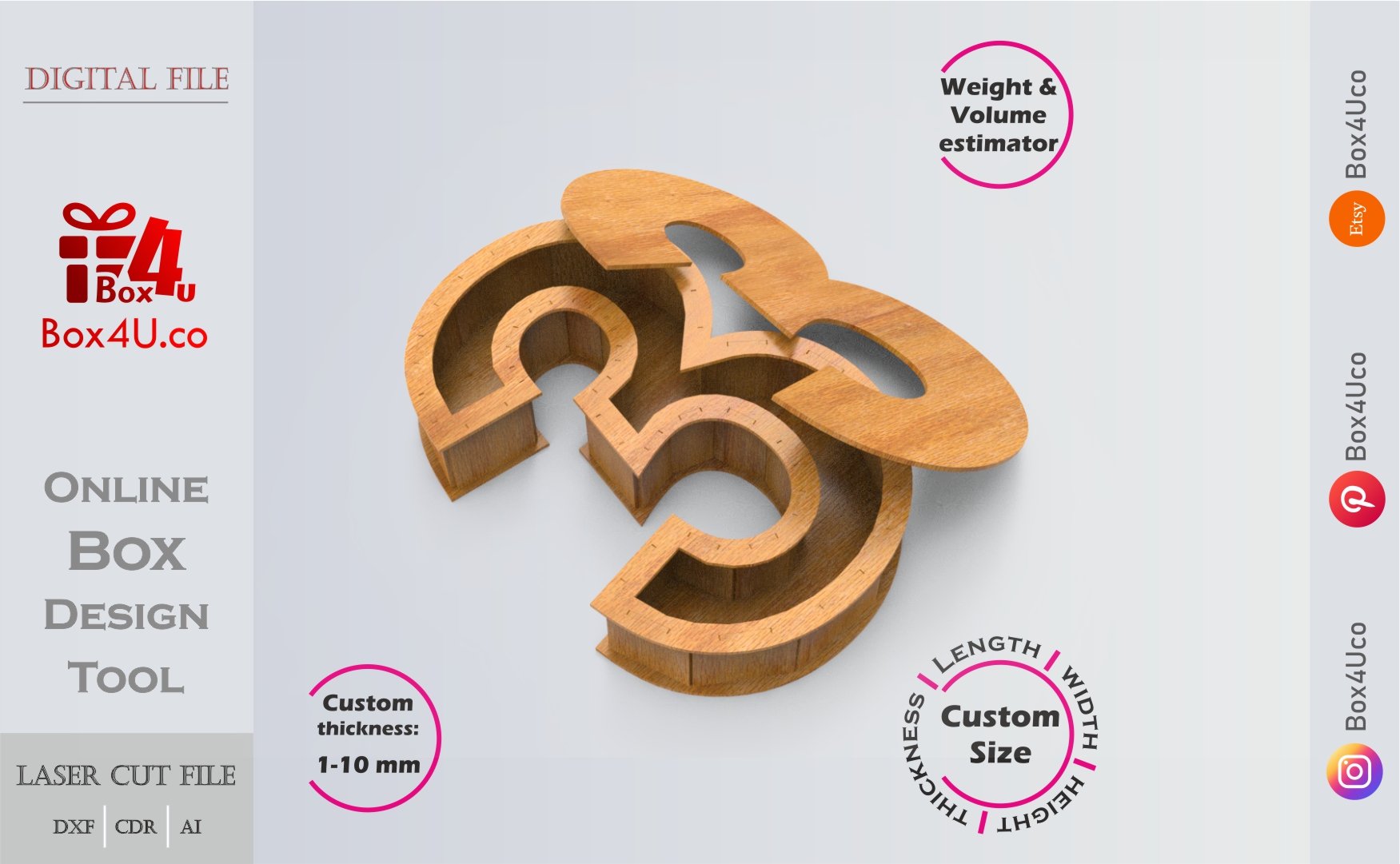 Number 3-shaped Box | wooden | Online design tool for number shape boxes | custom size laser cut file DXF, AI, CDR | Box4U