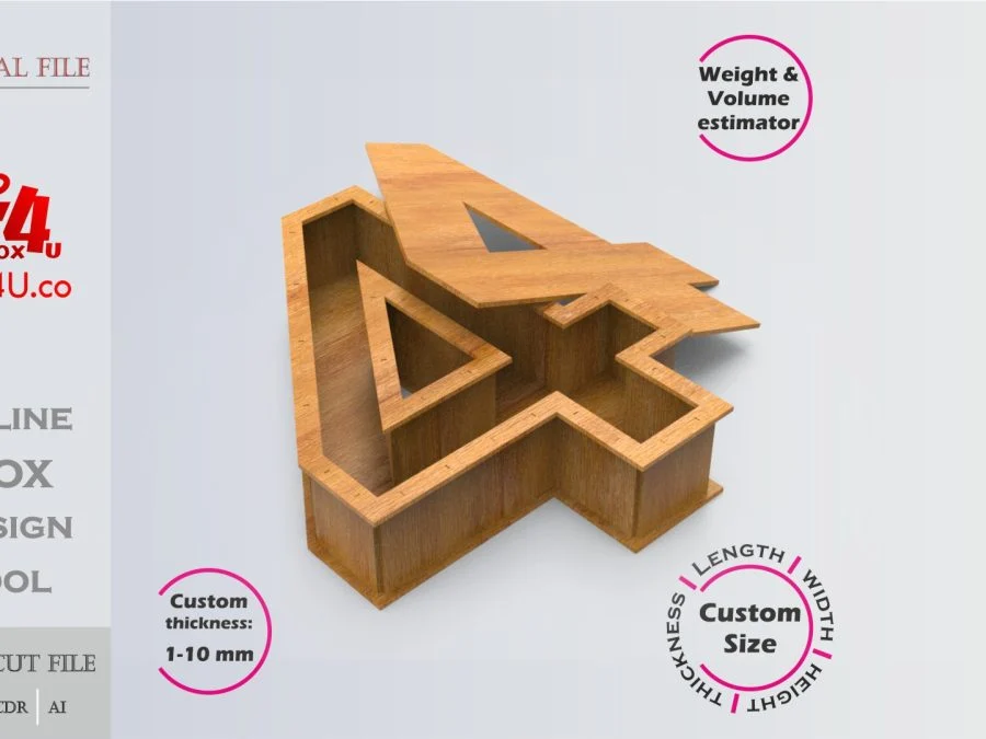 Number 4-shaped Box | wooden | Online design tool for number shape boxes | custom size laser cut file DXF, AI, CDR | Box4U