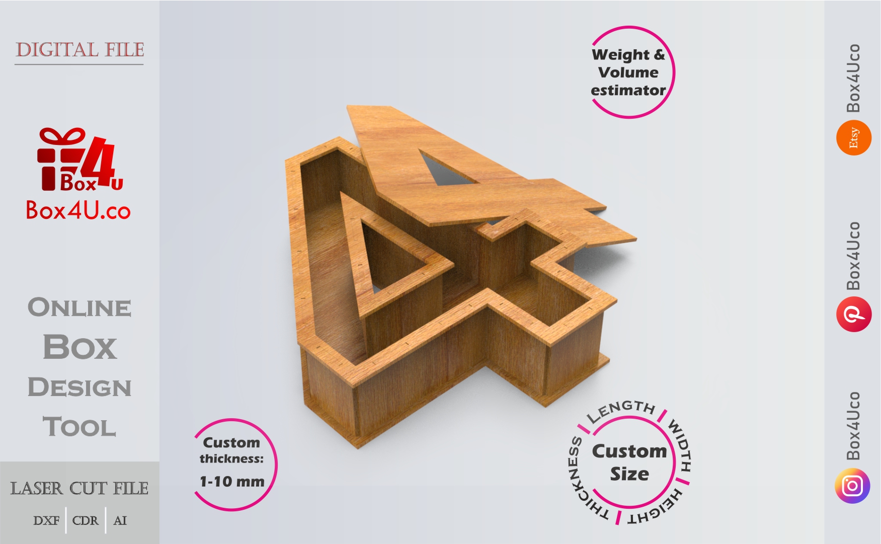 Number 4-shaped Box | wooden | Online design tool for number shape boxes | custom size laser cut file DXF, AI, CDR | Box4U