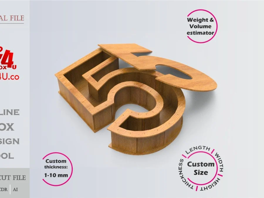 Number 5-shaped Box | wooden | Online design tool for number shape boxes | custom size laser cut file DXF, AI, CDR | Box4U