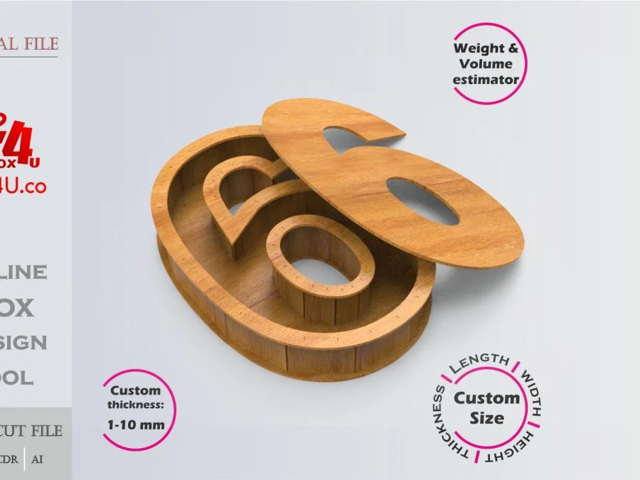 Number 6-shaped Box | wooden | Online design tool for number shape boxes | custom size laser cut file DXF, AI, CDR | Box4U