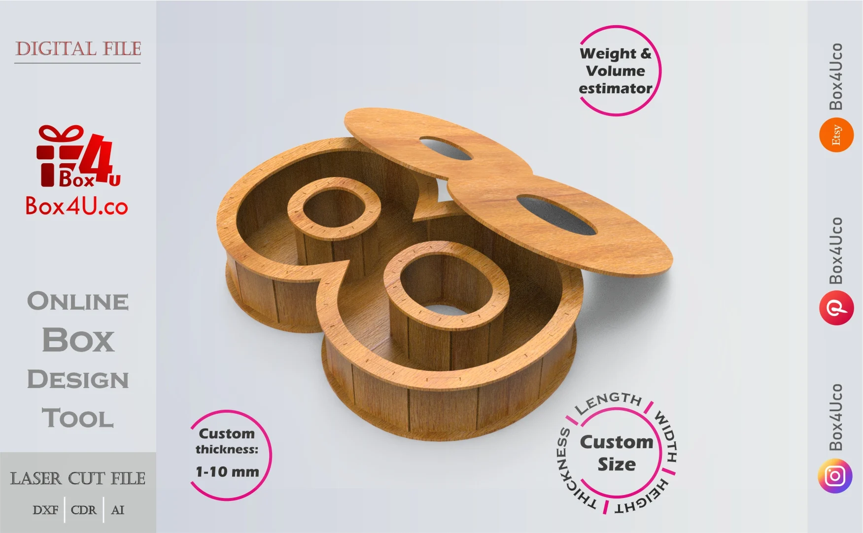 Number 8-shaped Box | wooden | Online design tool for number shape boxes | custom size laser cut file DXF, AI, CDR | Box4U