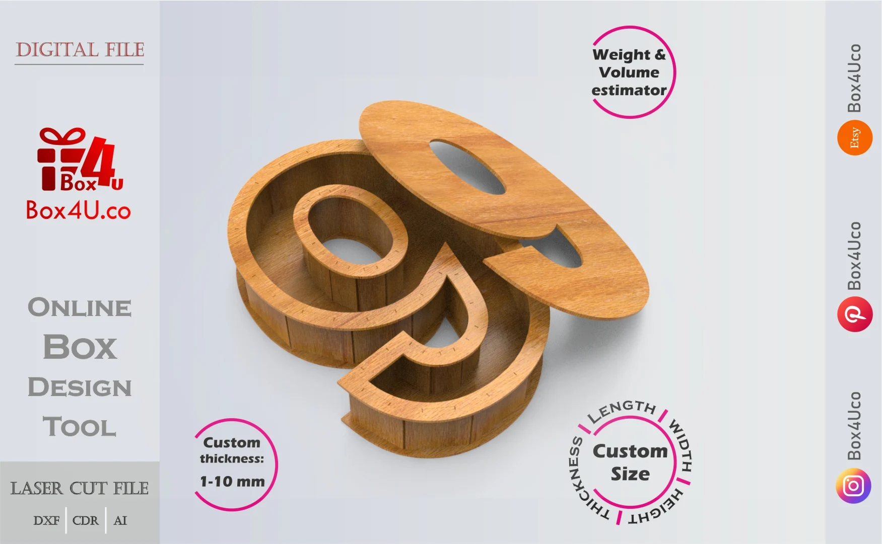 Number 9-shaped Box | wooden | Online design tool for number shape boxes | custom size laser cut file DXF, AI, CDR | Box4U