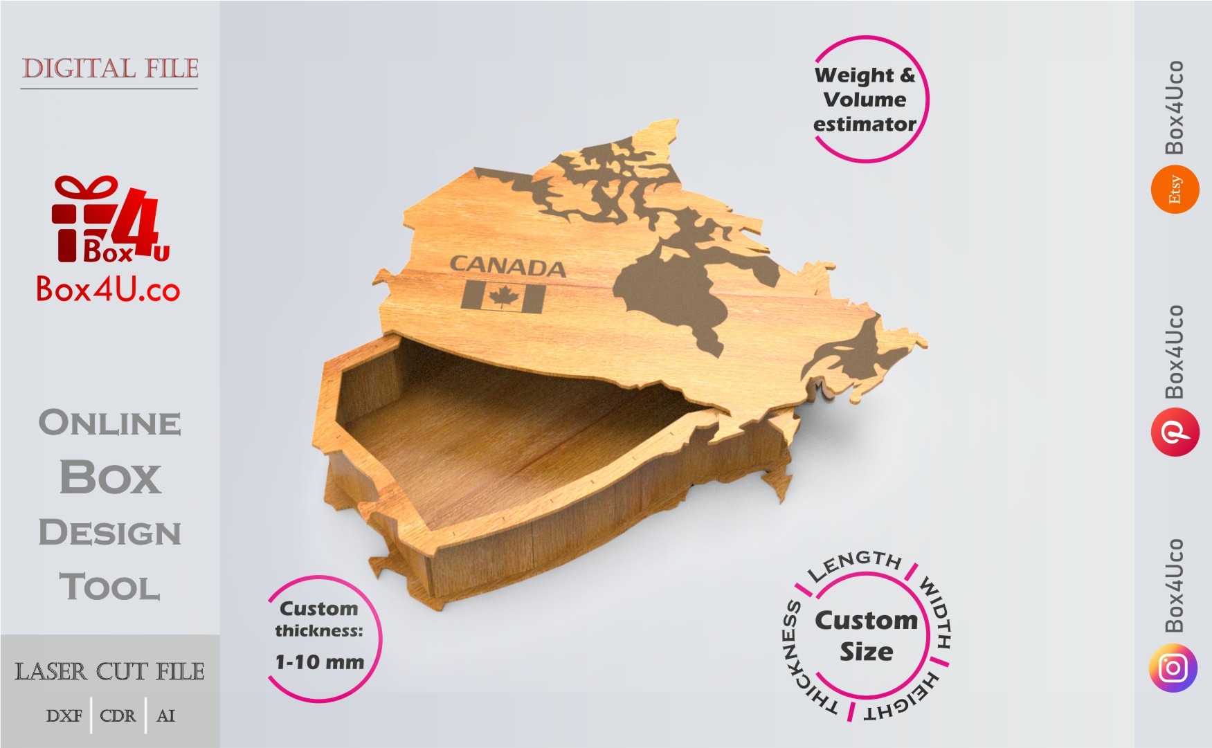 Canada map Box | wooden engraved | Online design tool for map shape boxes | custom size laser cut file DXF, AI, CDR | Box4U